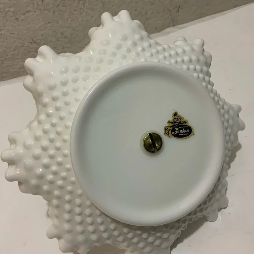 Fenton Vintage White Hobnail Ruffled Edge Milk Glass Candy Dish w/Silver Handle